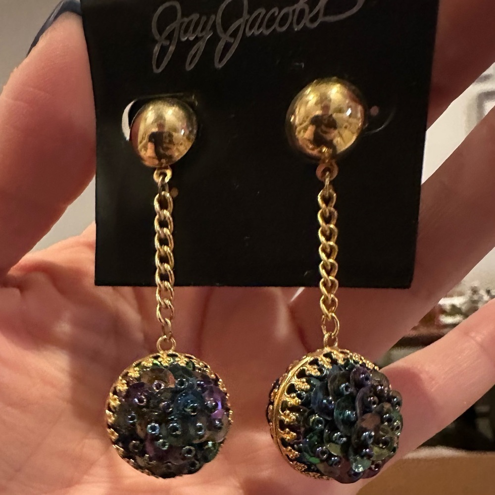 Vintage Jay Jacobs Chunky Sequin Ball Drop Gold Tone Pierced Drop Earrings